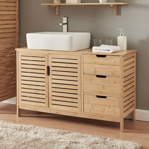 [en.casa] Mueble Bajo Lavabo Boksereys Armario Bajo para Baño con 2 Puertas y 3 Cajones Bambú 60 x 100 x 35 cm - Natural