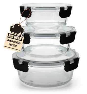 BigDean Glasbehälter mit Deckel in 3 Größen - Mikrowellengeschirr Glas - Meal Prep Container - Runde Glasbehälter Mikrowellengeschirr Glas mit Deckel