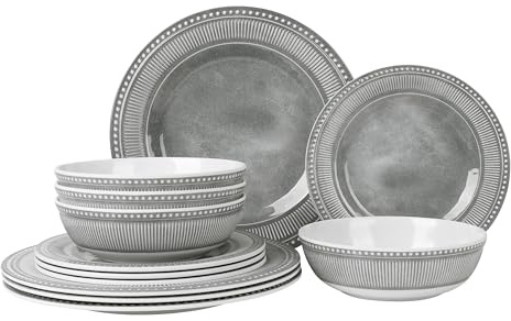 AELS Melamine Dinnerware Set of 12 Pcs, Dinner Dishes Set for Indoor and Outdoor Use, Melamine Plates and Bowls Set for 4, Dishwasher Safe, Lightweight Unbreakable, BPA Free, Gray