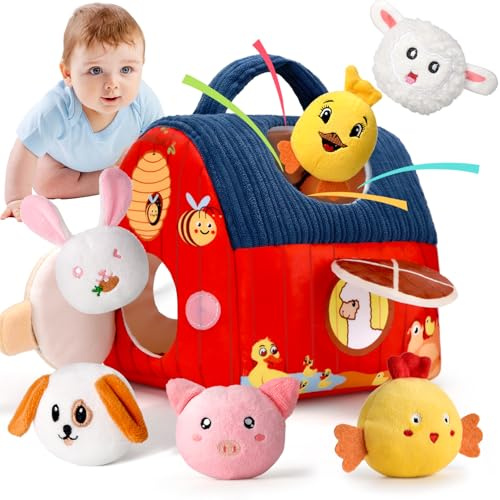 Loyzico Jouet Bebe 6 Mois 1 an, Jouet d'Éveil Sensoriel de la Ferme en Peluche avec Grange et 6 Animaux, Hochet- Jeux Montessori Enfant, Cadeau Garçon et Fille 6 9 12 Mois