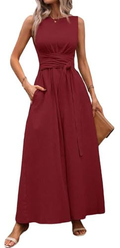 LIAMERHE Robe Été Femme Longue Chic et Élégante Robe Maxi sans Manches avec Poches Col Rond Taille Haute Robe de Plage Ligne A Style Bohème Décontractée