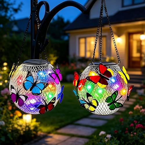 2 Pack Solar Hanging Butterfly Lanterns, Solar Lantern Outdoor Garden, Waterproof Round Ball Butterfly Lights Garden Ornaments Yard Decor Outdoor for Home, Yard, Patio, Party, Lawn, Wedding