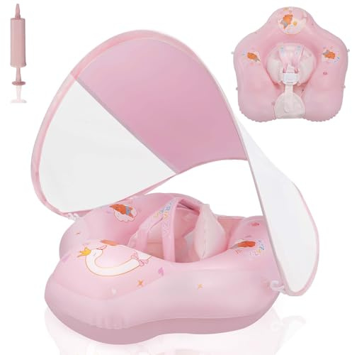 WYRIAZA Salvagente Neonato con Parasole, Adatto a Bambini dai 3 ai 36 Mesi (1-3 Anni), Ciambella Neonato mare con Protezione UV UPF 50+, Salvagente Bambino, Gonfiabile Mare (Rosa, S(3-12 mesi))