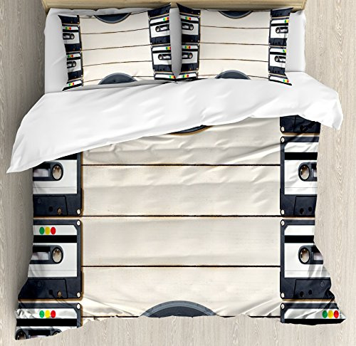 Ambesonne Indie Duvet Cover Set, Top View of Audio Cassettes Gramophone Records Retro Retro Music Theme, Decorative 3 Piece Bedding Set with 2 Pillow Shams, Queen Size, Black White Cream