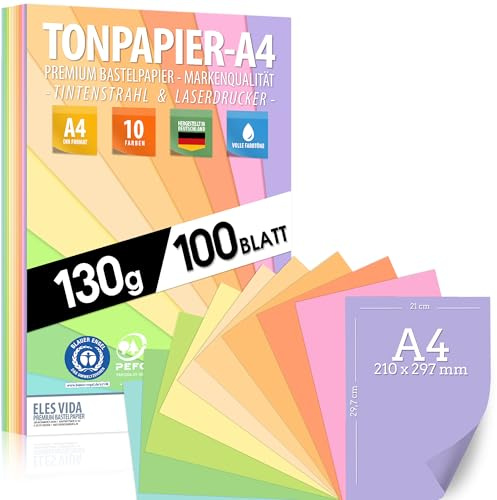 Lot de 100 feuilles de papier à dessin pastel A4-130 g - 10 couleurs - Papier solide - Feuilles pastel colorées pour l'école, les loisirs - Enfants & DIY - Accessoires de bricolage