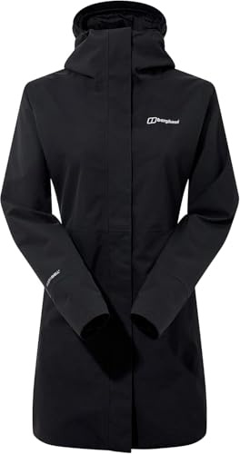 Berghaus Women's Omeara Long Length Waterproof Shell Jacket | Adjustable Fit | Two-Way Zip Waterproof Jacket, Black/Black, 14