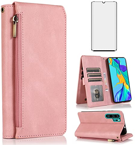 Asuwish Compatible with Huawei P30 Pro Wallet Case Tempered Glass Screen Protector Zipper Leather Flip Cover Card Holder Stand Cell Accessories Phone for Hawaii P30Pro P 30 Pro30 Women Rose Gold