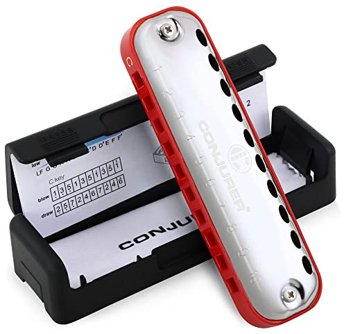 CONJURER 10 Hole C Key Diatonic Blues Harmonica with Portable Case Red | Metal Mouth Organ with Premium Brass Reeds Blues Harmonica for Beginners, Adults & Amateur Friend Gifts