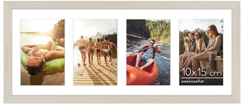 Americanflat 20x51 cm Bilderrahmen Collage - Zeigen Sie Vier 10x15 cm Fotos an Ihrer Wand an - Bilderrahmen für Mehrere Bilder der Familie - Verbundholz mit Bruchsicherem Glas - Helles Holz