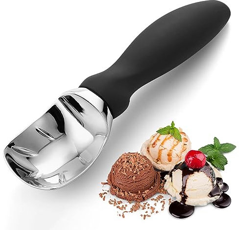 Bixel Heavy Duty Ice Cream Scoop with Ergonomic Grip, Professional Ice Cream Scooper, Perfect Shape Scoops Every Time, Ideal for Frozen Treats, Cookie Dough, Melons and More (Black)
