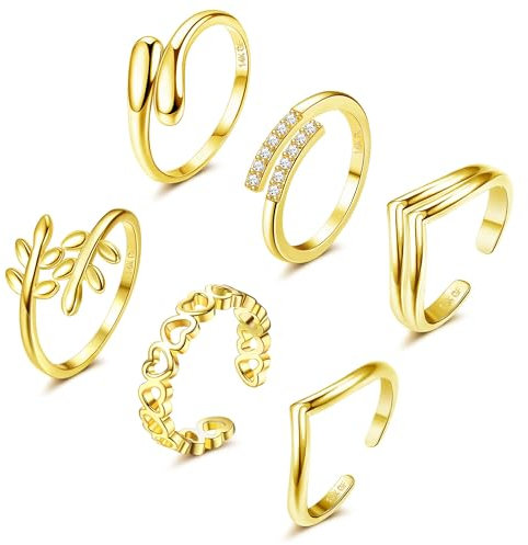 FIOROYAL 6 Stück 𝟏𝟒𝐊 𝐆𝐨𝐥𝐝 Gefüllte Zehenring Verstellbare Zehenringe Set für Damen Mädchen CZ Herz Offene Zehenringe Sommer Strand Fußschmuck