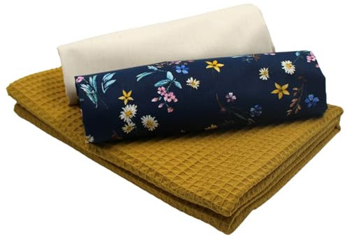 VmG-Store Waffelpique + Baumwollstoff Set farblich abgestimmt Waffel Stoff 100% Baumwollstoff Tex Standard 100 (Wiesenblumen Navy Set19)