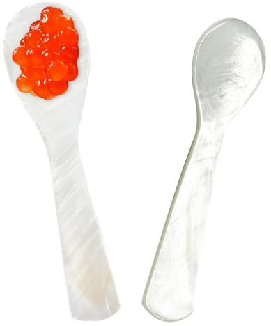 PYRUVAE 2 Piezas Cucharas de nácar, mini cucharas de caviar, cucharas de huevo, hechas a mano, color blanco, de nácar, para servir, caviar, extremos redondos, cucharas de café(7 cm