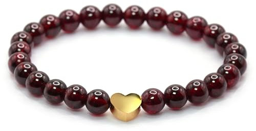 Echtes Granat AAA Edelstein Armband mit 6mm Perlen und Edelstahlherz - verschiedene Längen - Heilstein Schutzstein Talisman Glücksbringer Geschenk (Granat, 20CM)