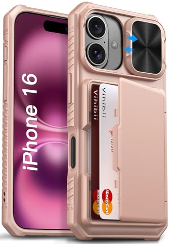 Vihibii for iPhone 16 Case Wallet with Card Holder (4 Cards) [RFID Blocking] & Slide Camera Cover, Military Grade Drop Protection, Rugged Back & Silicone Edge Phone Case, 6.1 2024, Rose Gold