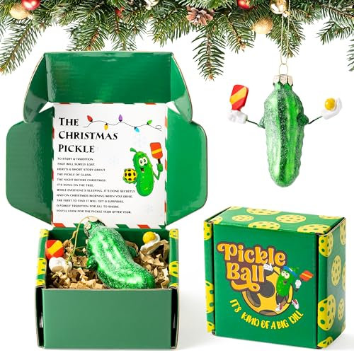 Haooryx Glitter Christmas Pickle Pickleball Hanging Ornament with Gift Box