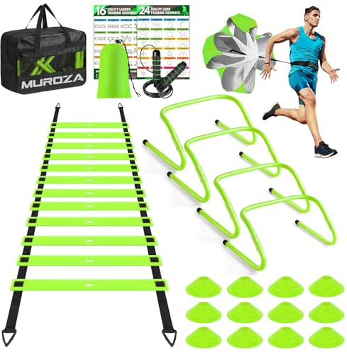 Agility Ladder Speed Training Equipment Set-20ft Agility Ladder,12 Soccer Cones,4 Hurdles, Jump Rope, Running Parachute, Basketball Football Soccer Training Equipment for Kids, Youth, Adults(green)