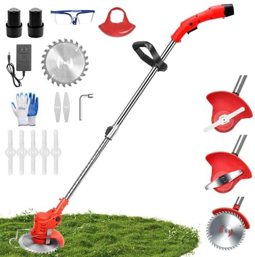 LANDCROOSSERS 600W Akku Rasentrimmer Mit 2 1500 mAh Akku, 2X Edelstahlklingen & 5x Kunststoffklingen, mit 3 Arten von Messerköpfen,Verstellbarer Teleskop-Führungsholm Desbrozadoraeléctrico inalámbrico
