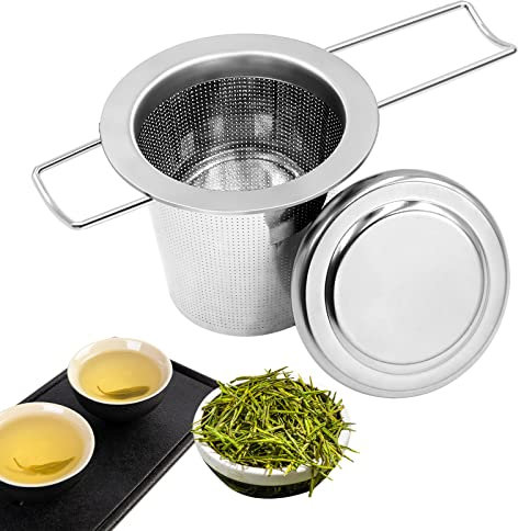 Colino da tè, 1 infusore da tè in acciaio inox 304, filtro da tè, filtro da tè con doppio manico pieghevole e coperchio da appendere a teiere, uovo da tè per tazze e teiere