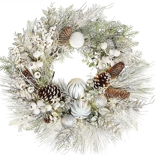 Corona natalizia artificiale, diametro 61 cm, con palline decorative, pigne, bacche per porta di casa, arazzo o decorazione natalizia, decorazione invernale