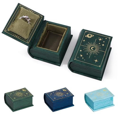 UINSUE Vintage Magic Book-Shaped Ring Box Starry Sky Pattern PU Leather with Magnetic Closure for Proposal Engagement Gift (Green)
