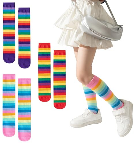 3 paia di calzini alti al ginocchio per ragazze, calzini lunghi colorati a righe eleganti in cotone calzini alti al ginocchio per ragazze bambini per scuola vestire festa compleanno