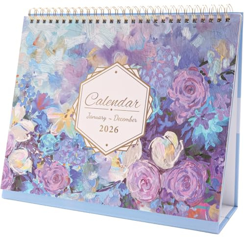 Fiohiros 2026 Desk Calendar - Floral Plant Design Vibrant Bright Elegant Style, Double-Sided Memo Pages & Blank Blocks, Thick Paper Cover & Pages Standing Flip Desktop Calendar 2026 (Purple Rose)
