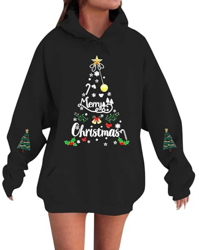 Christmas Jumper Women Hooded Sweatshirt Xmas Jumpers Funny Graphic Long Sleeve Pullover Tops Ladies Sweaters Casual Holiday Hoodie Tops Halloween Sweatshirt Women