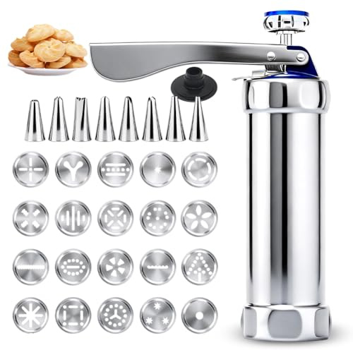 Prensa para galletas de acero inoxidable, jeringa de masa, prensa de galletas, prensa de galletas con 20 plantillas y 8 boquillas de acero inoxidable, máquina de galletas, prensa de galletas, prensa