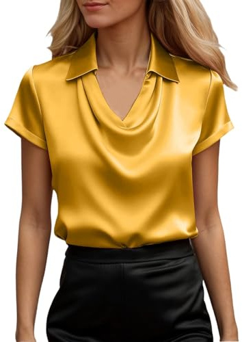 Bauzuoyo Blusa de satén elegante para mujer, cuello en cascada, camisa festiva, manga corta, blusa de satén, para negocios, informal, trabajo, blusa de mujer, color liso, camiseta de ocio, suave y