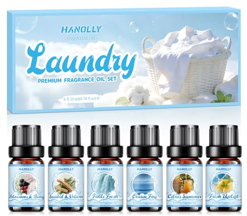 HANOLLY Eteriska Oljor Tvätt 6 x 10ML | Set med Eteriska Oljor Naturliga för Diffusor Aromaterapi, Tvål, Spa, Massage, Gör-Det-Själv Ljus