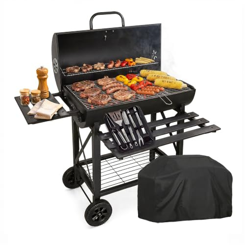RMF Barbecue a Carbonella con Griglia XL con Termometro Integrato - Kit Accessori e Copertura inclusi, Carrello in Acciaio Resistente con Ruote, Ripiani Laterali Pieghevoli, Cassetto Raccogli-Cenere