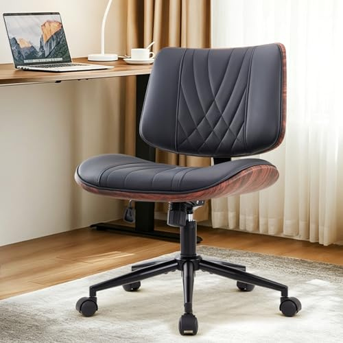 IWMH Armless Desk Chair with Wheels Small Vintage Office Chair for Home | Walnut Wood-Grain Effect Backrest Computer Chair Modern Swivel Task Chair Height Adjustable Study Reading Meeting Room Black