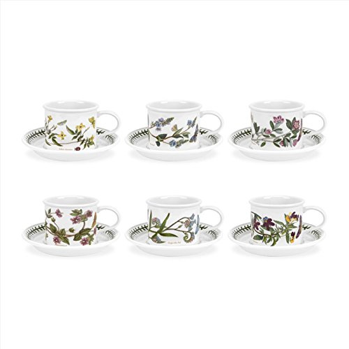 Portmeirion x Botanic Garden Set of 6 Teacups & Saucers - Multi-Colour Drum Shape Tea Cup with Elegant Floral Design, Suitable for Everyday Dining or Picnics, Made in England