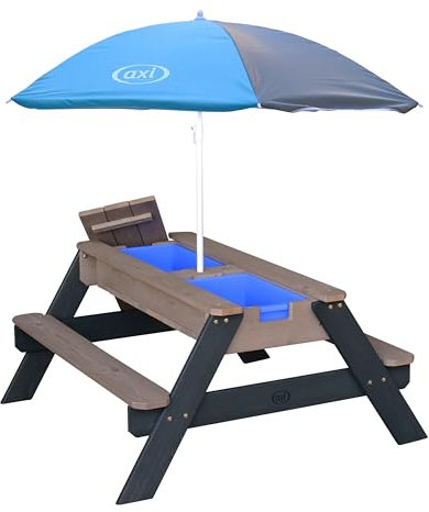 AXI Nick Kinder Sand & Wasser Picknicktisch aus Holz | Wasserspieltisch & Sandtisch mit Deckel und Behältern | Kindertisch/Matschtisch in Grau mit Sonnenschirm für den Garten.