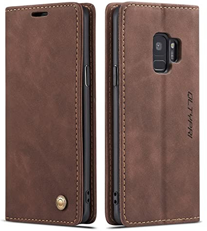 QLTYPRI Hülle für Samsung Galaxy S9 Plus, Vintage Dünne Handyhülle mit Kartenfach Geld Slot Ständer PU Ledertasche TPU Bumper Flip Schutzhülle Kompatibel mit Samsung Galaxy S9 Plus - Kaffee Braun