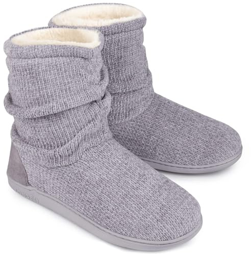 LongBay Women's Chenille Knit Bootie Slippers Cute Plush Fleece Memory Foam House Shoes (Large / 9-10 B(M), Grey)