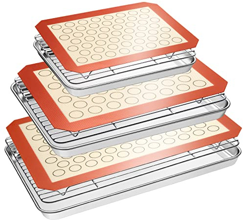 Baking Sheet Tray Cooling Rack with Silicone Baking Mat Set, Stainless Steel Cookie Pan For Oven, Set of 9 (3 Sheets + 3 Racks + 3 Mats), Warp Resistant & Heavy Duty & Easy Clean, Red