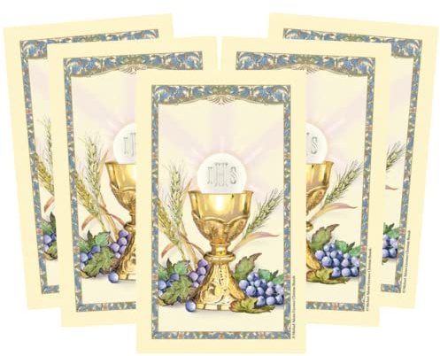Needzo First Communion Laminated Holy Cards, Prayer and Inspirational Bible Verse Included, Catholic Gifts, Party Favors, and More, 5 Pack, 4.5 by 2.5 Inches