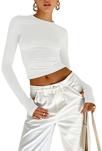 Femmes Basique À Manches Longues Slim Fit Crop T Shirt Top Y2K Tops TikTok Crop Top Club Party E-Girls Streetwear(White-b, M)