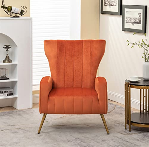 Container Furniture Direct Sedia moderna in velluto, per camera da letto, ufficio o soggiorno con eleganti gambe in metallo, ampia poltrona 66 cm, arancione rosso