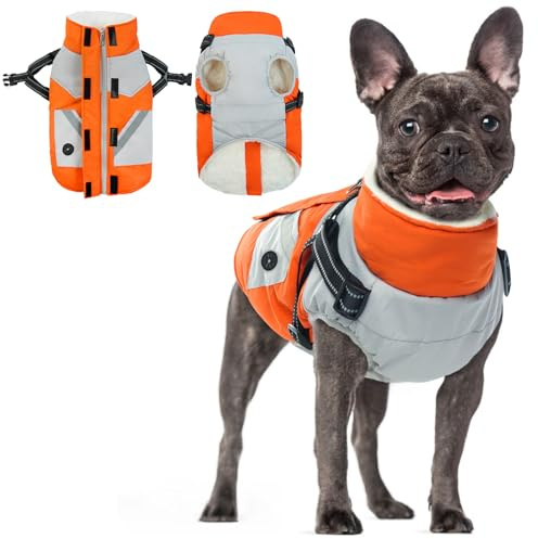 Cappotti Invernali per Cani Piccoli, Cappotto Impermeabile con Imbracatura & Cerniera Giubbotto Cane Taglia Piccola Giubbotto Bulldog Francese Gicca Pile per Cani(Arancione, XS)