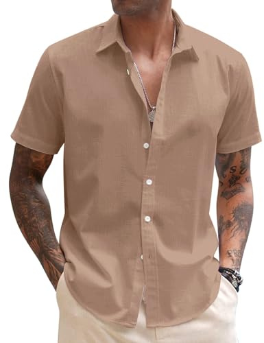 COOFANDY Men's Shirt Short Sleeve Linen Shirt Summer Casual Regular Fit Beach Shirt Button Down Kent Collar Shirt Basic Shirt Mens Cotton Linen Shirts Dark Khaki| XXL