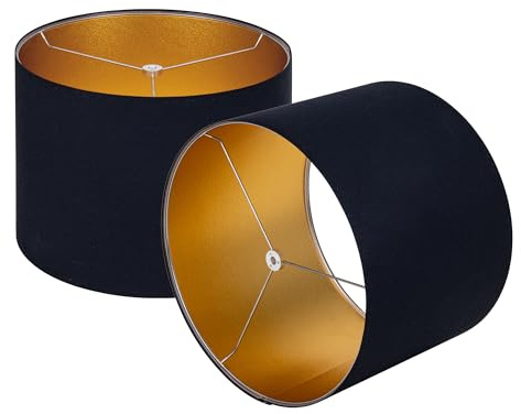 Wellmet Blackgold Set of 2 Drum Lampshades, Easy Assembly Required 16 Top x 16 Bottom x 12 High Replacement Lamp Shades, Fabric Lampshades for Table Lamps Floor Lamps, Metal Spider Fitter