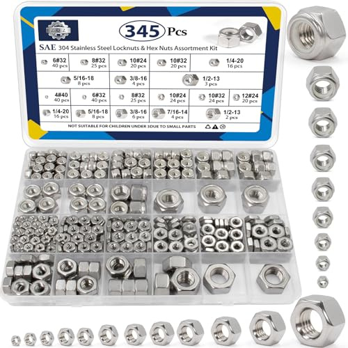 ZQZ 345 Pack SAE Hex Nut & Lock Nuts Assortment Kit, 4#40 6#32 8#32 10#24 10#32 12#24 1/4-20 5/16-18 3/8-16 7/16-14 1/2-13, 304 Stainless Steel Standard Thread Hardware Nuts Assortment Set