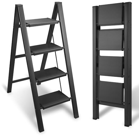 Yakimz Escalera de aluminio, 4 peldaños, taburete de aluminio, antideslizante, pequeña y compacta, soporta hasta 150 kg para el hogar, la oficina, estante de almacenamiento portátil (negro)