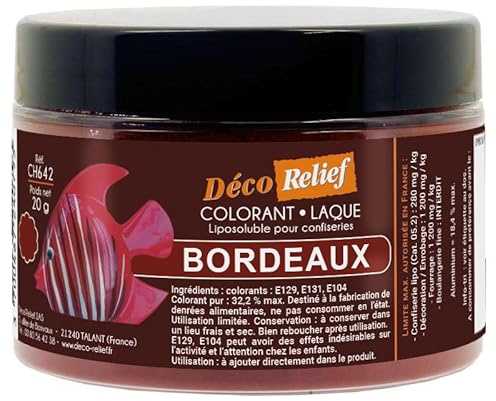 Déco Relief - Colorant Soluble Bordeaux 20 g - Colorant Professionnel pour Confiserie à base de Chocolat, Pâtisserie