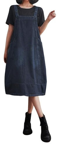 Generisch Jeans Latzkleid Damen Knielang Jeansrock Damen Lang Vintage Lose Sommerkleider Damen Kleider Aesthetic Bequemes Denim Trägerkleid A Linie Gewaschenes Denim Kleid Mit Tasche