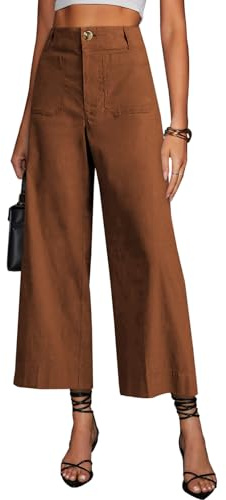 miduo Womens Plus Size Casual Button High Waisted Cropped Wide Leg Straight Pants Trousers with Pockets Brown 31