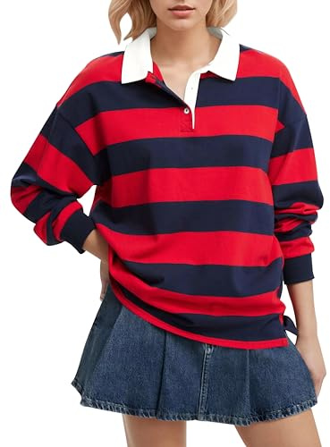 Meladyan Sudadera Tipo Polo a Rayas de Gran tamaño para Mujer, Manga Larga, Cuello en V, Cuello de Solapa, Camisa Polo de Moda para otoño 2025, Rojo- Azul, M